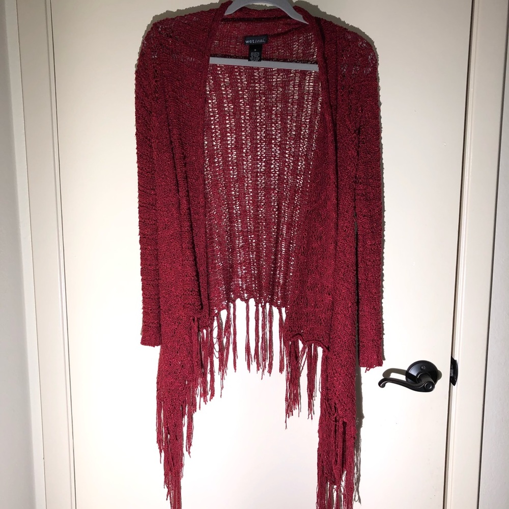Wet seal maroon fringe cardigan